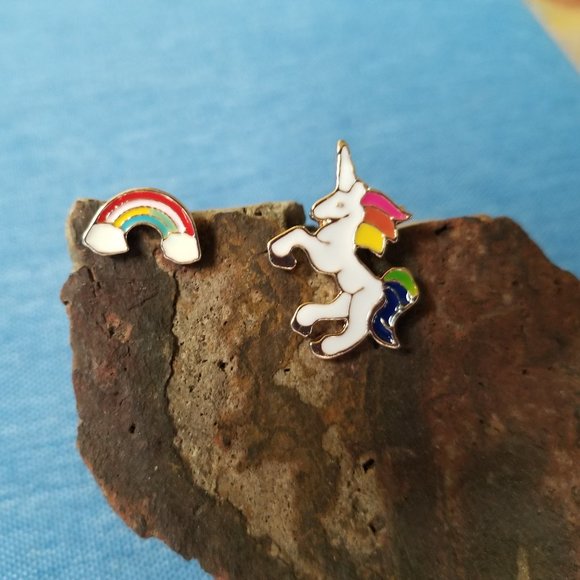 Unicorn & Rainbow Stud Earrings - NWOT - Picture 1 of 4